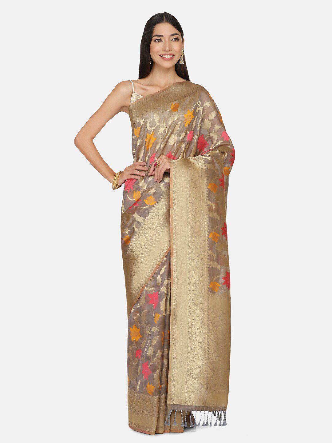 BOMBAY SELECTIONS Grey & Orange Floral Zari Organza Banarasi Saree Price in India