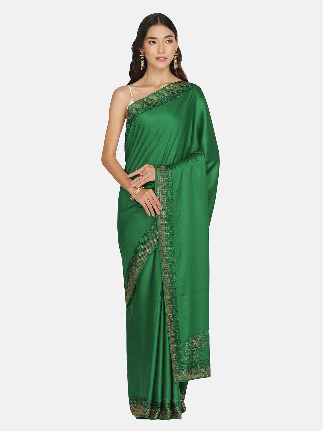 BOMBAY SELECTIONS Green & Gold-Toned Beads and Stones Satin Saree Price in India
