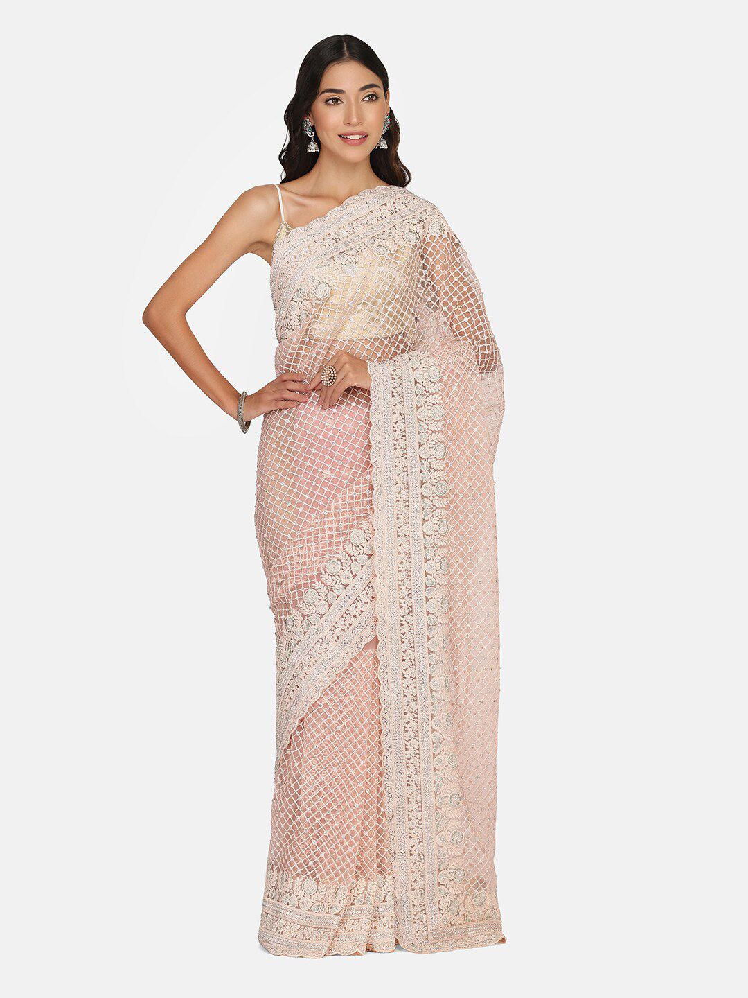 BOMBAY SELECTIONS Pink & White Beads and Stones Net Saree Price in India