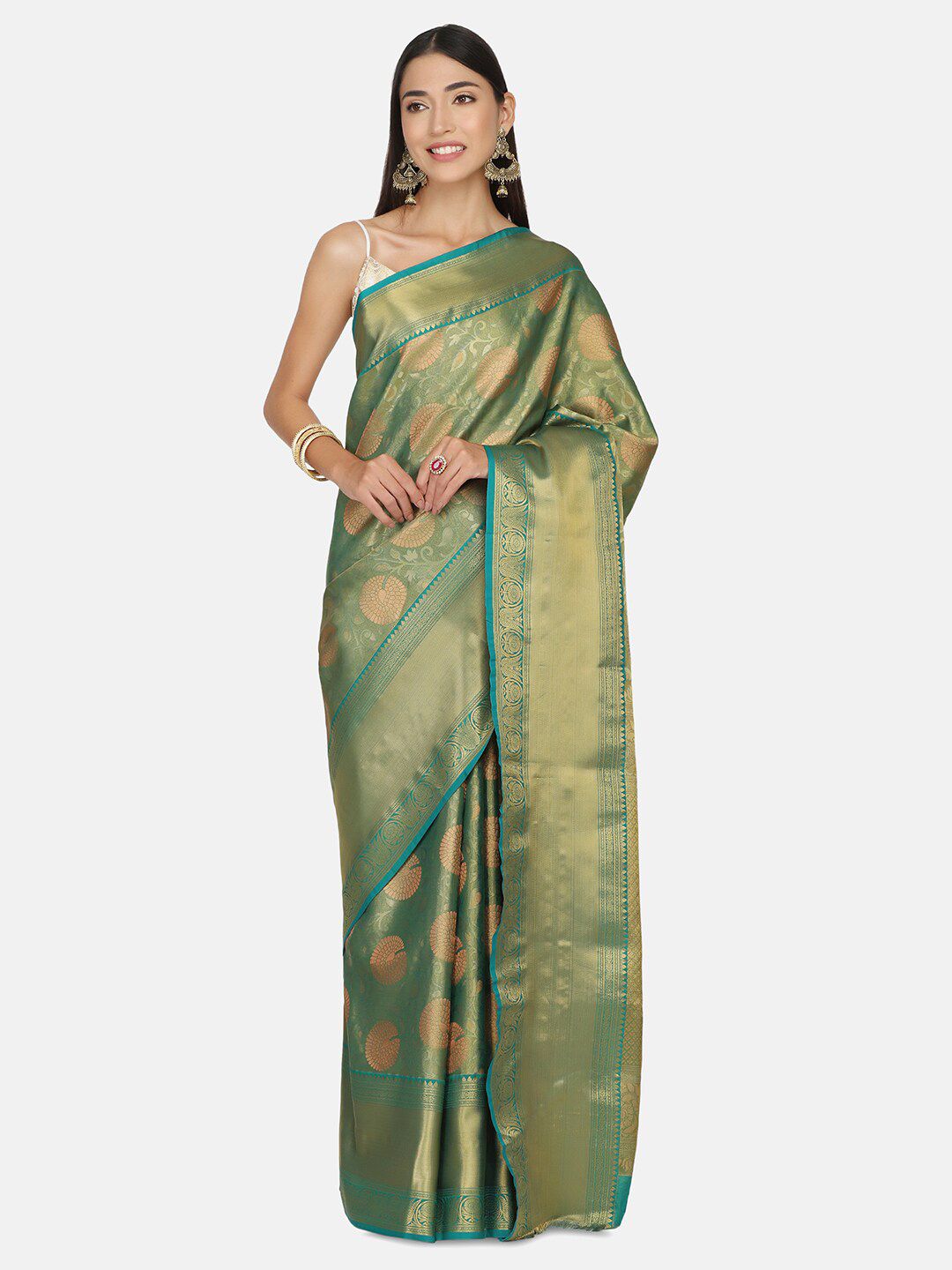 BOMBAY SELECTIONS Green & Gold-Toned Woven Design Zari Pure Silk Kanjeevaram Saree Price in India