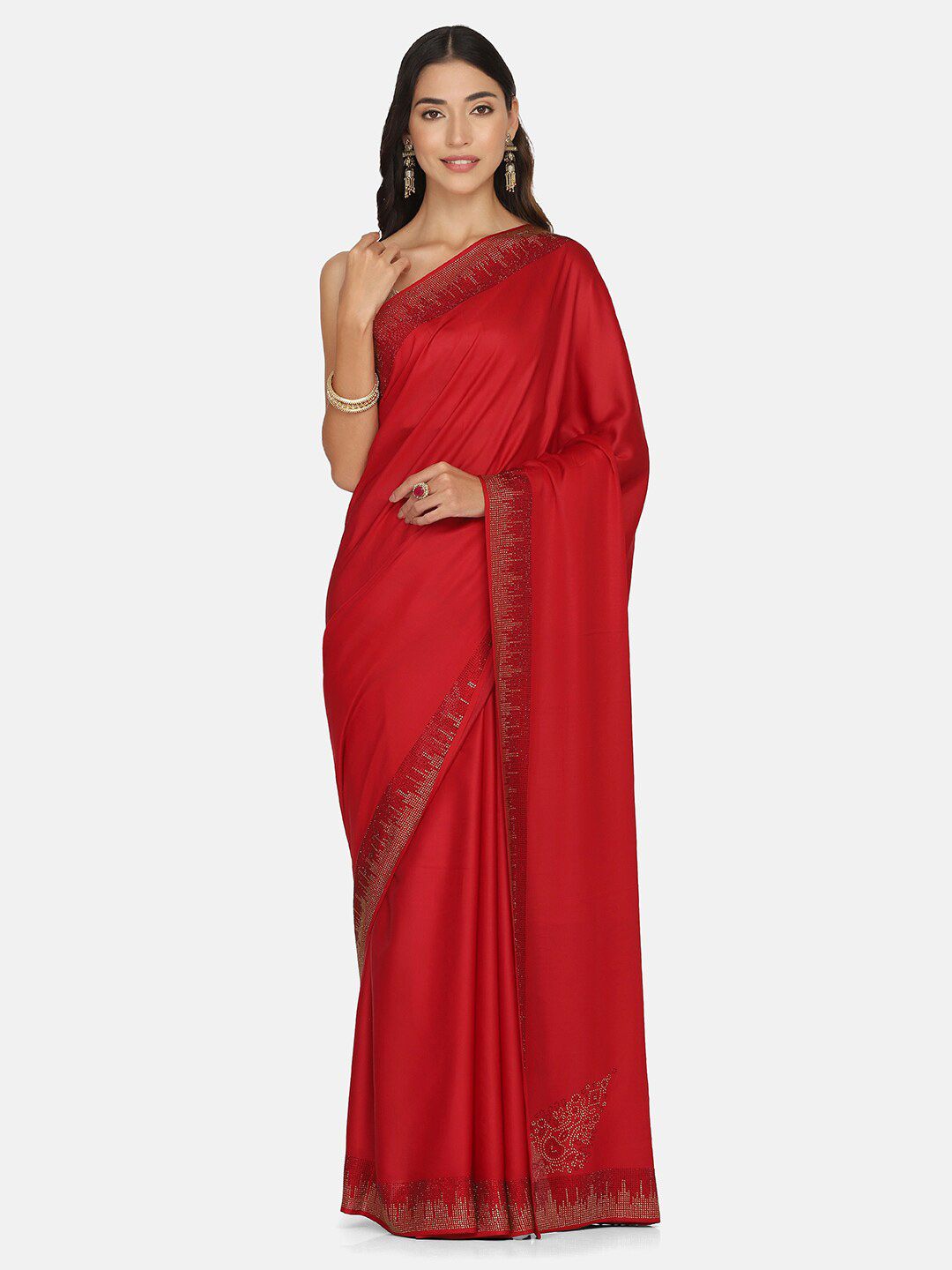 BOMBAY SELECTIONS Maroon Solid Embellished Satin Saree Price in India