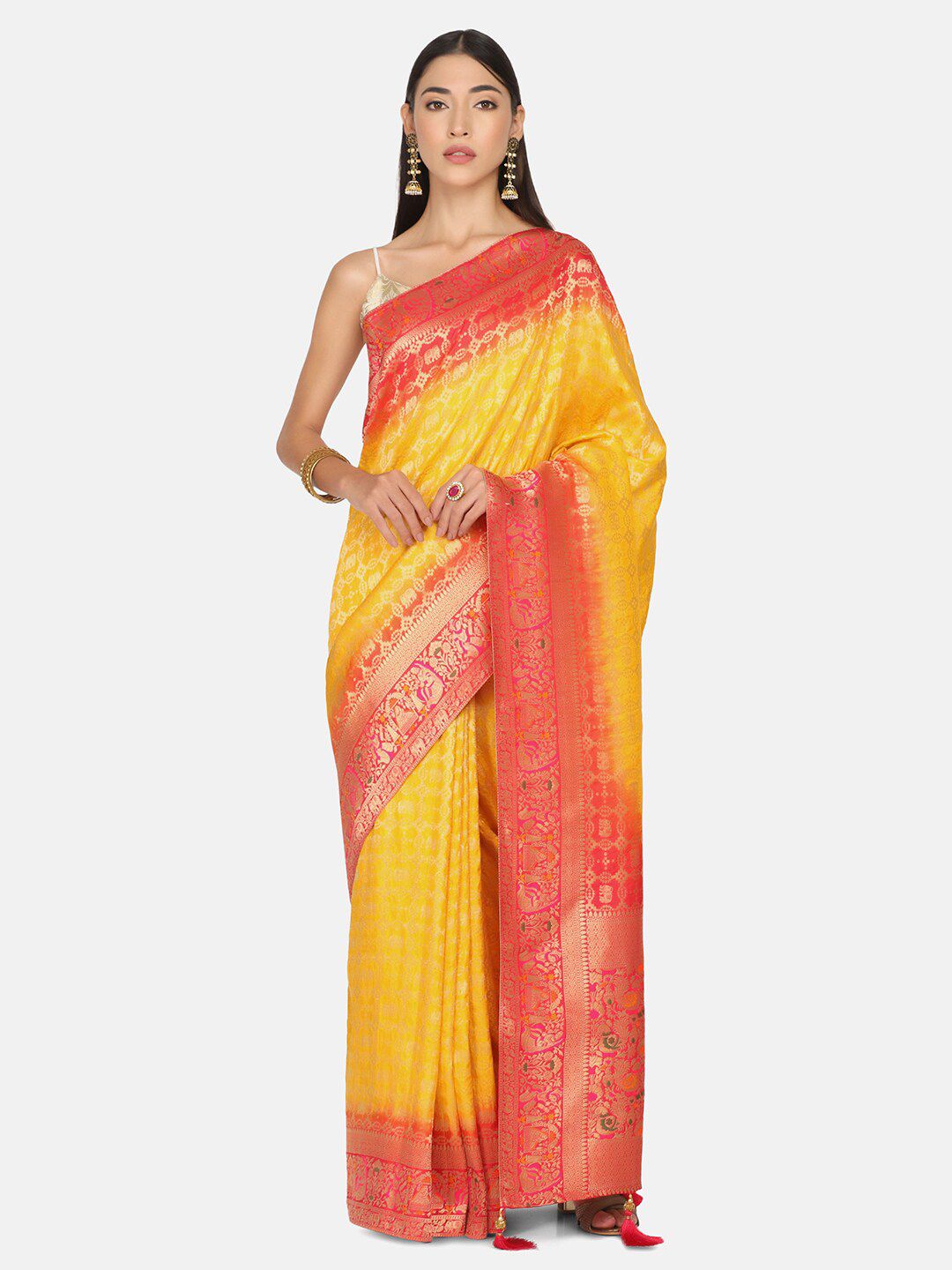 BOMBAY SELECTIONS Yellow & Red Woven Design Zari Pure Silk Banarasi Saree Price in India