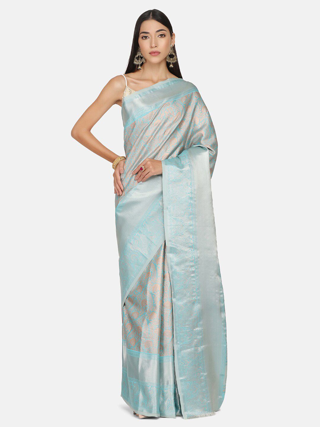 BOMBAY SELECTIONS Sea Green & Silver-Toned Woven Design Zari Pure Silk Kanjeevaram Saree Price in India