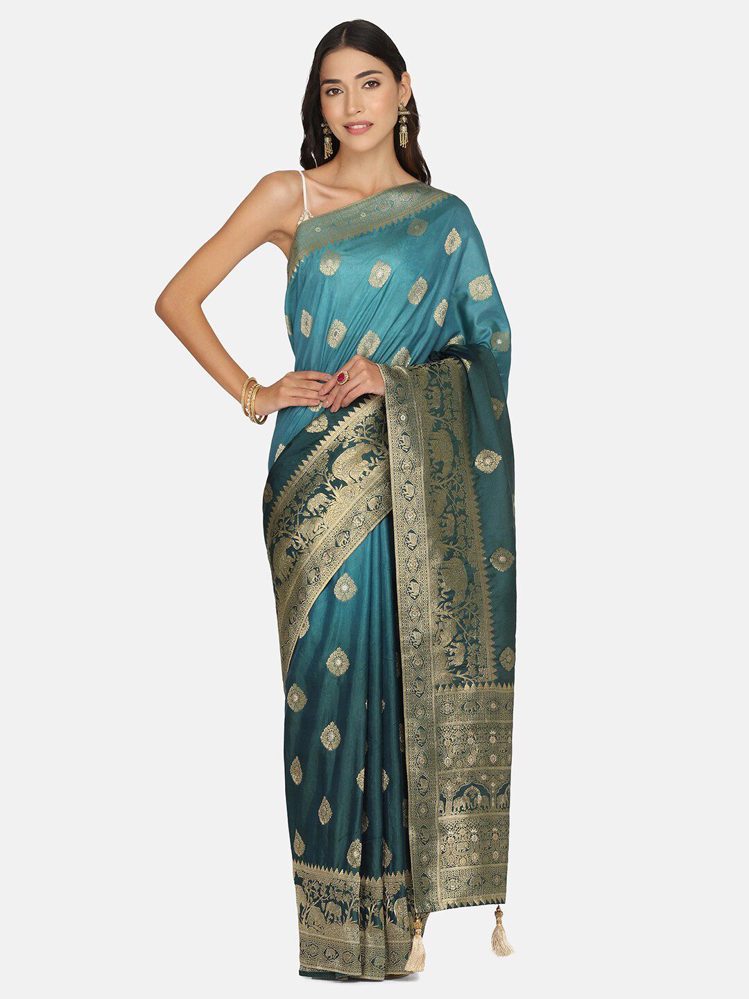 BOMBAY SELECTIONS Green & Gold-Toned Woven Design Zari Pure Silk Banarasi Saree Price in India