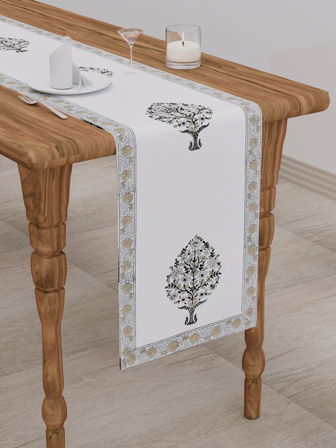 Gulaab Jaipur White Floral Printed Table Runner Price in India