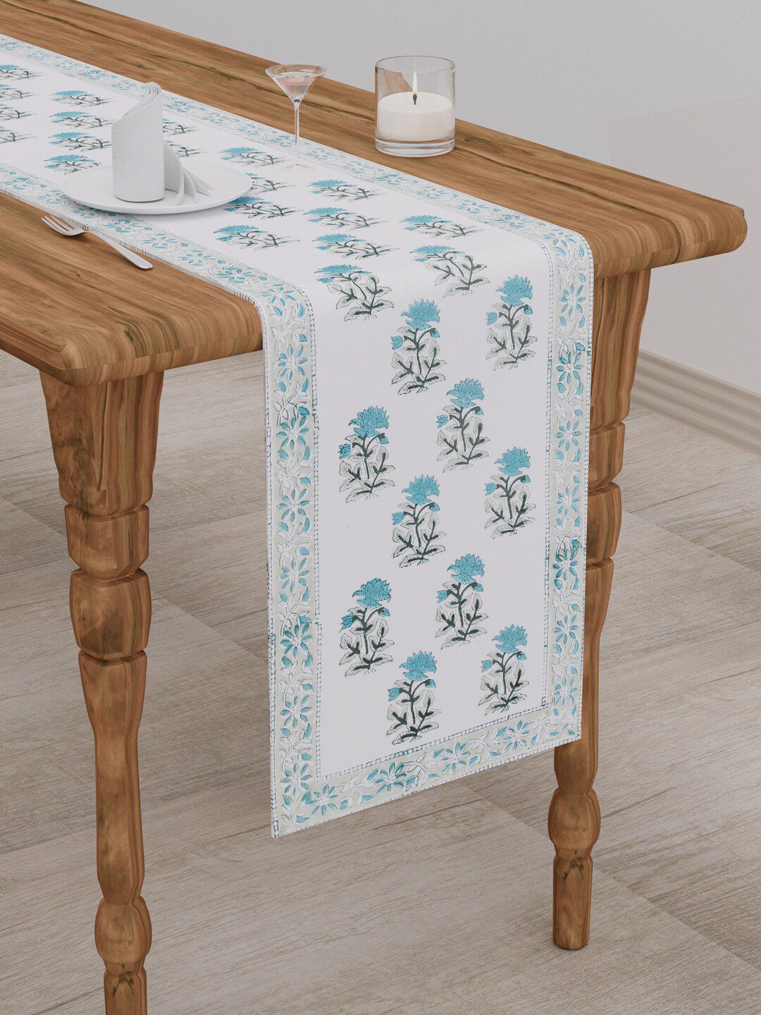 Gulaab Jaipur White & Blue Floral Printed Table Runner Price in India