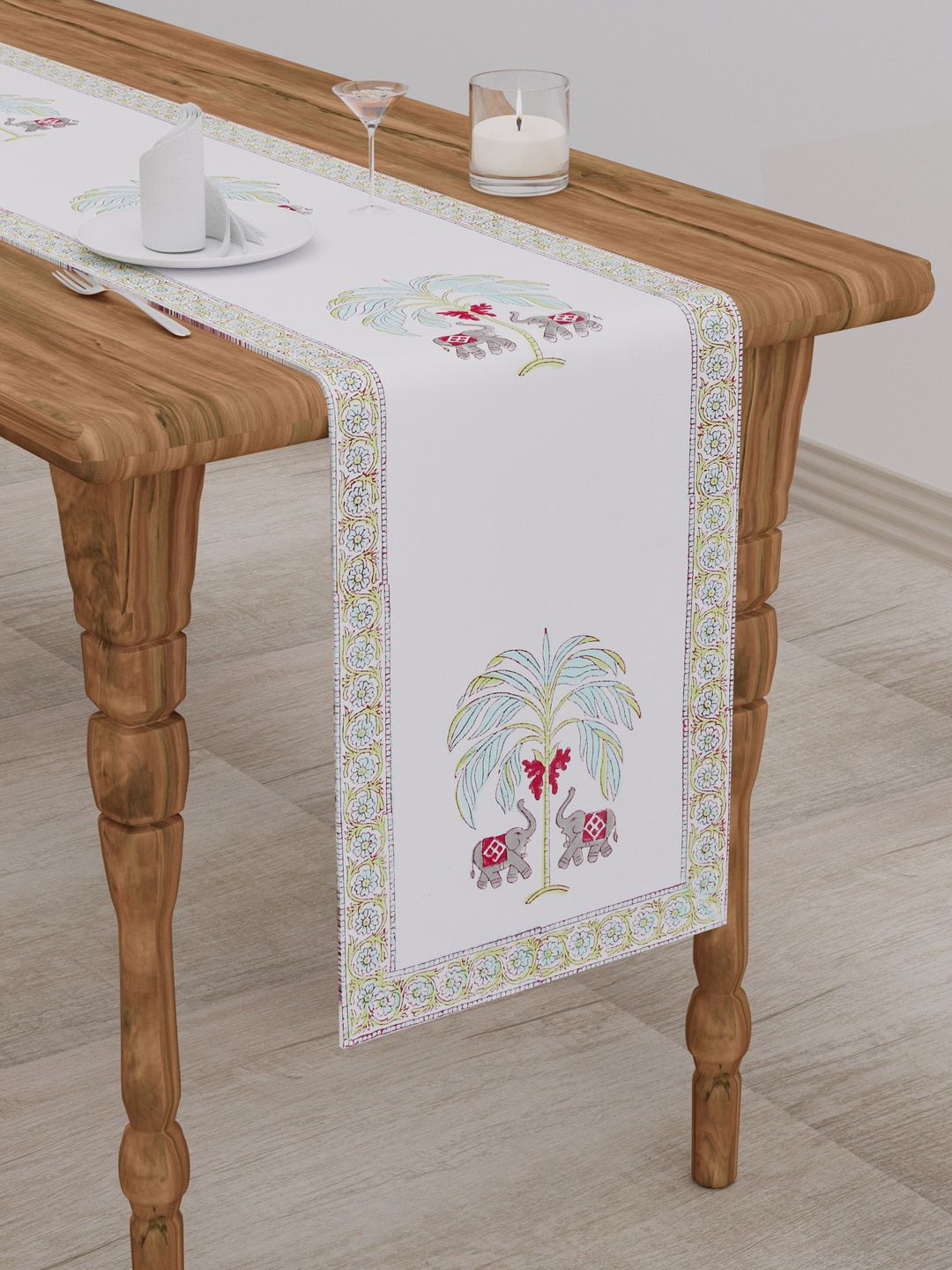 Gulaab Jaipur White & Green Pure Cotton Floral Block Printed Table Runners Price in India