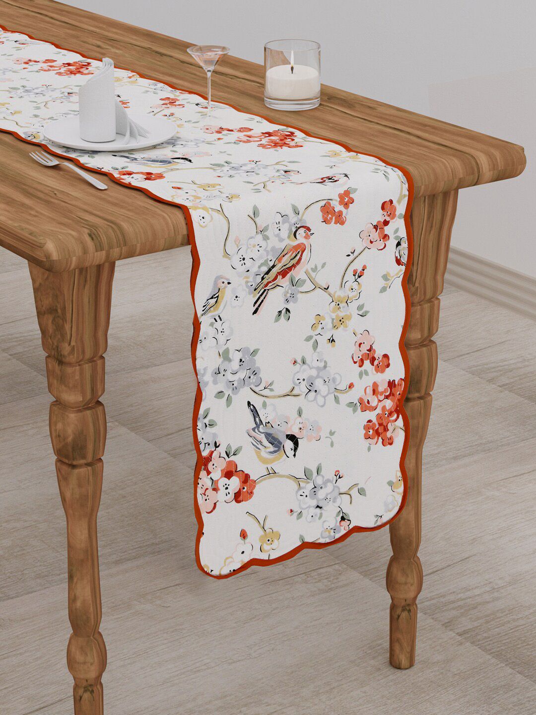 Gulaab Jaipur White & Red  Floral Printed Cotton 6-Seater Table Runner Price in India