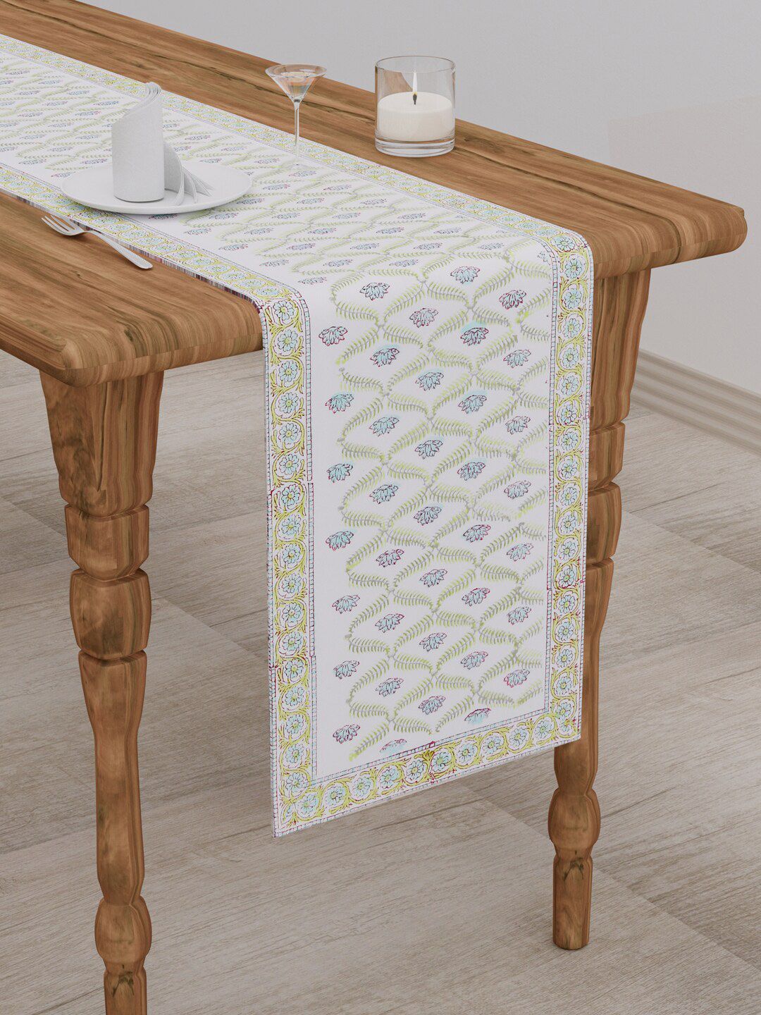 Gulaab Jaipur White Printed Handblocked Cotton Table Runners Price in India