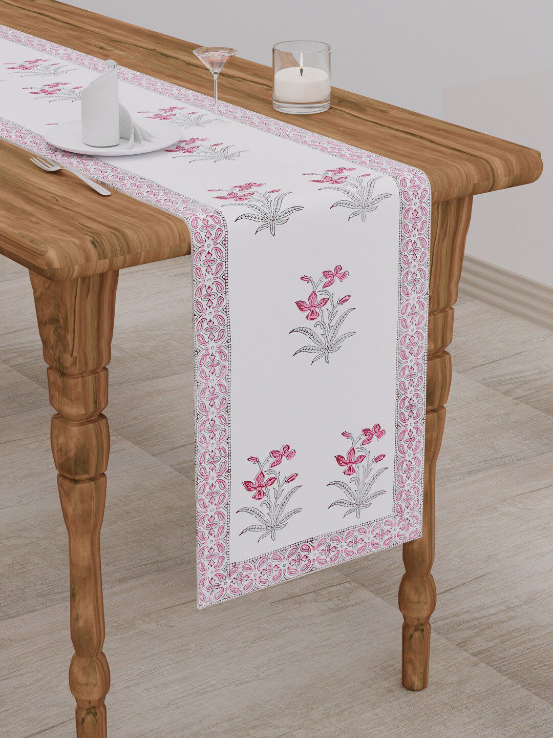 Gulaab Jaipur White & Pink Floral Printed Table Runner Price in India