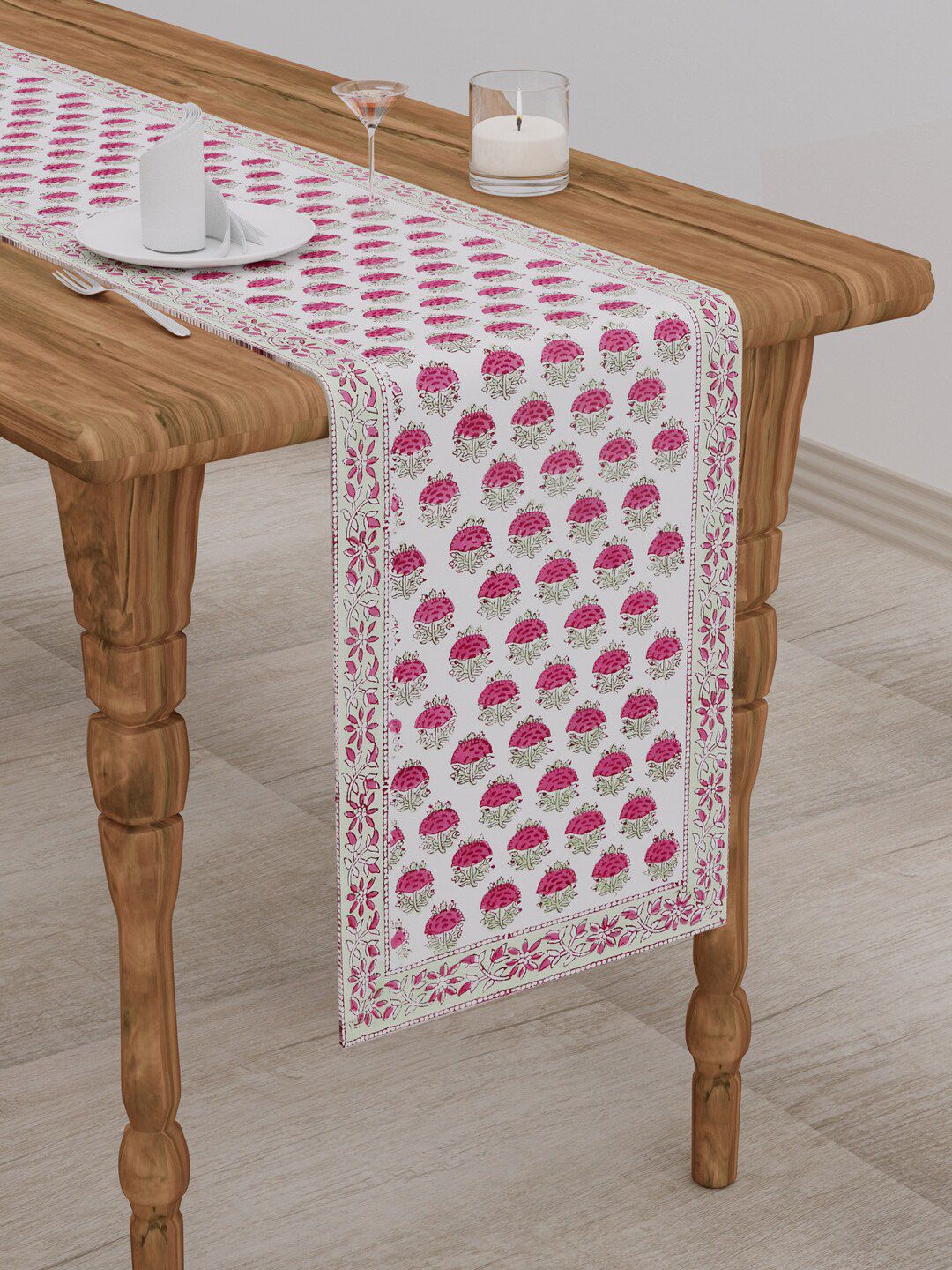 Gulaab Jaipur White & Red Floral Block Printed Pure Cotton Table Runners Price in India