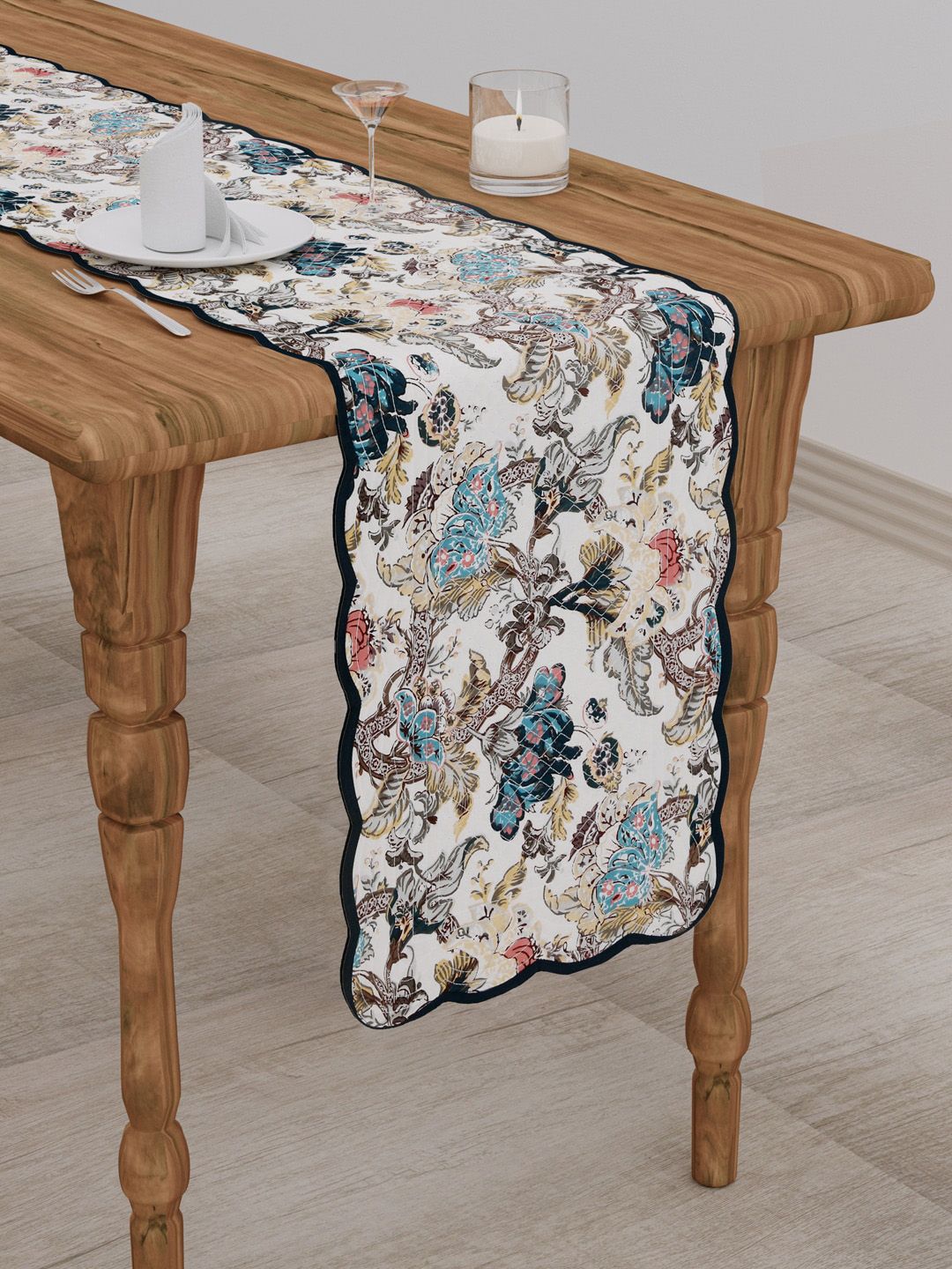Gulaab Jaipur White & Blue Floral Printed Table Runner Price in India