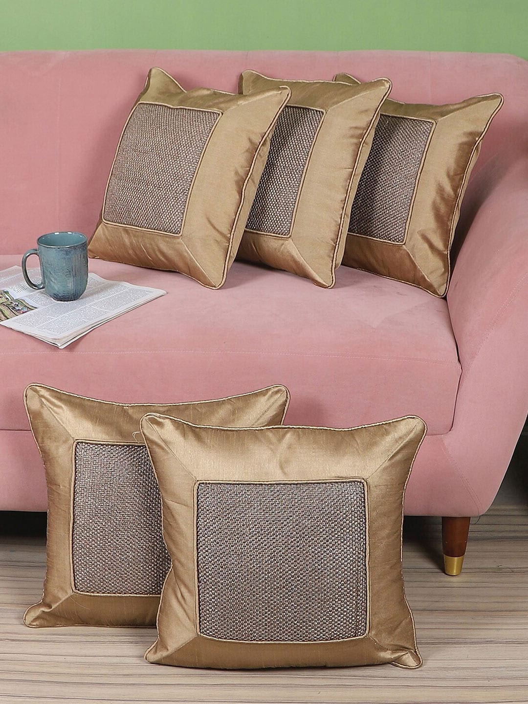 MFD HOME FURNISHING Set of 5  Brown & Grey Geometric Square Cushion Covers Price in India