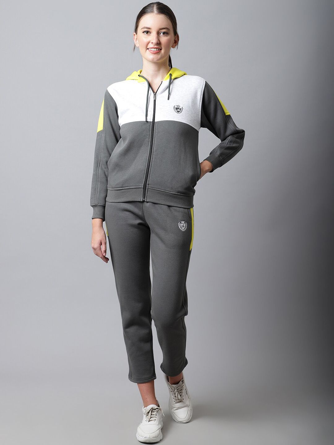 ANTI CULTURE Women Grey & White Solid Hooded Tracksuit Price in India