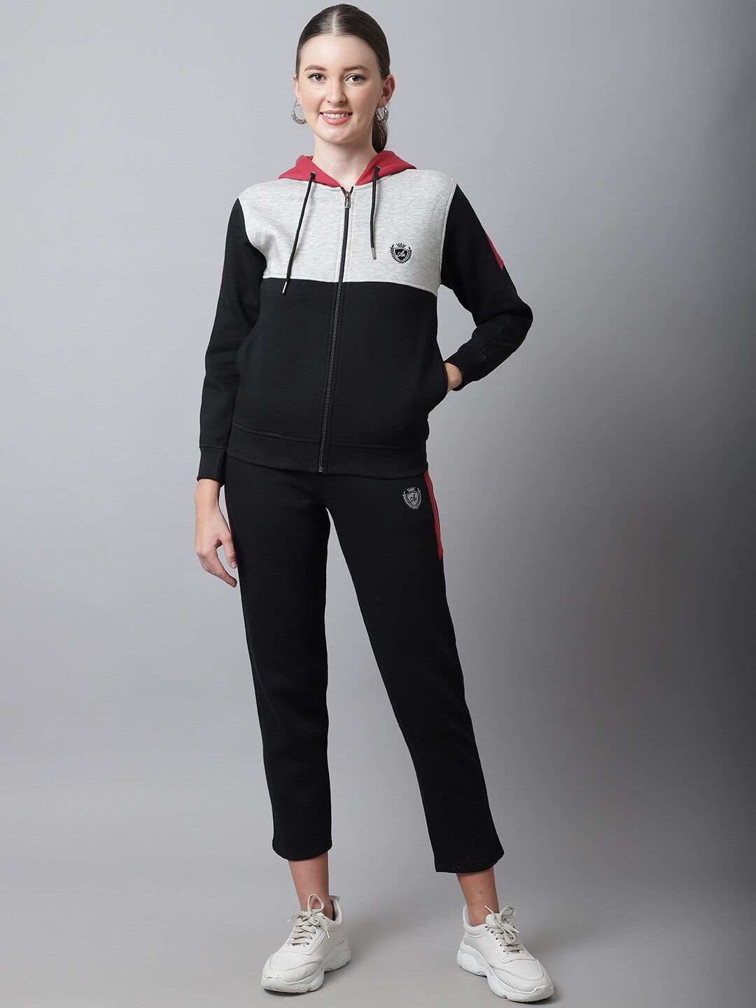 ANTI CULTURE Women Black & Red Colorblocked Fleece Tracksuits Price in India