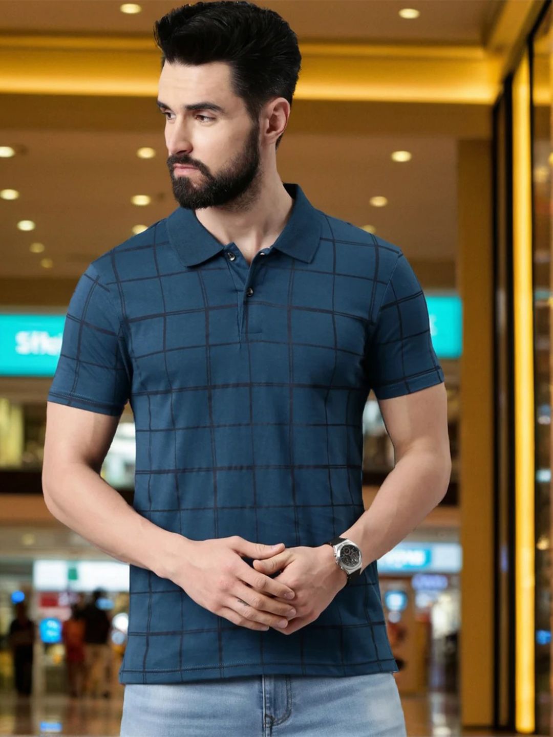 Kryptic Men Blue Checked Pure Cotton Polo Collar T-shirt