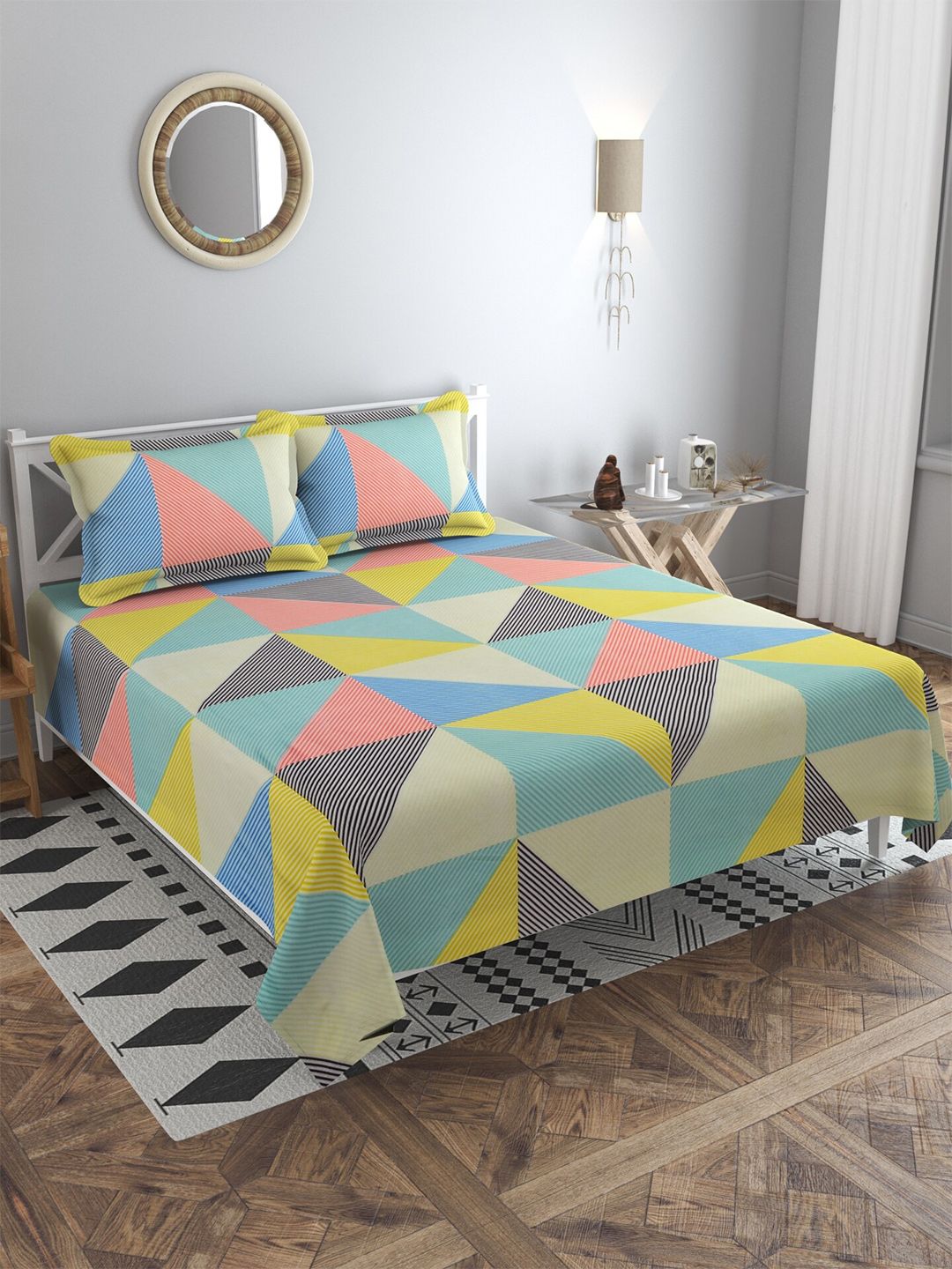 MULTITEX Yellow & Black Geometric 300 TC King Bedsheet with 2 Pillow Covers Price in India