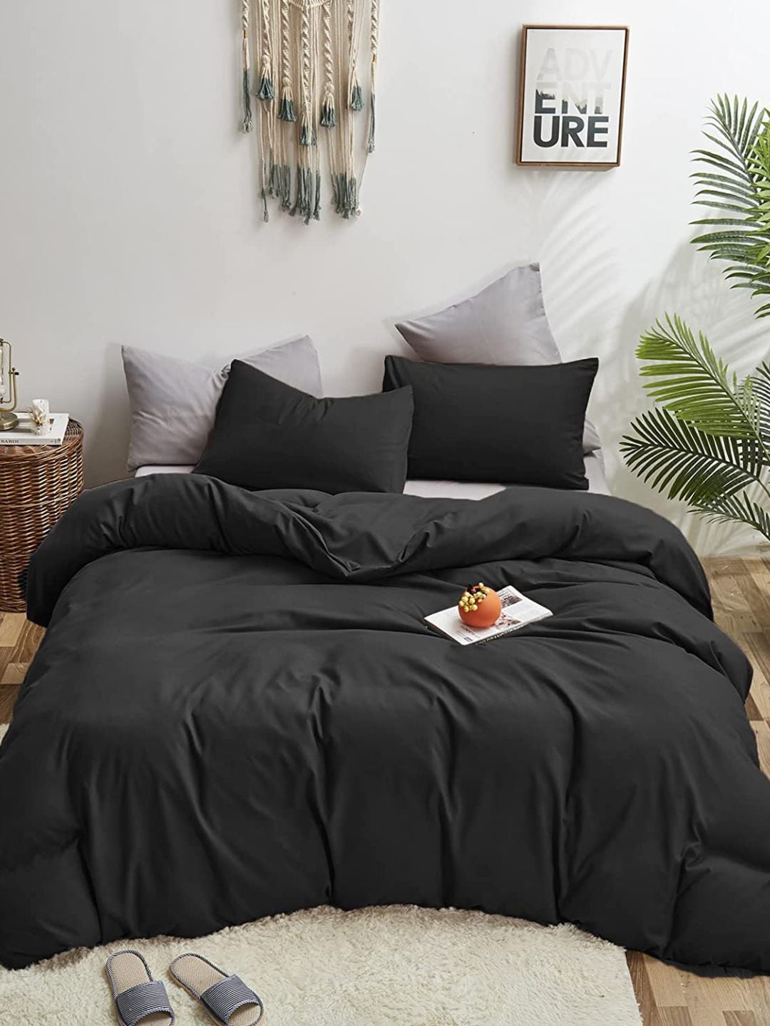 Sleeping Owls- because your sleep matters  Black Solid Cotton Double Queen Bedding Set Price in India