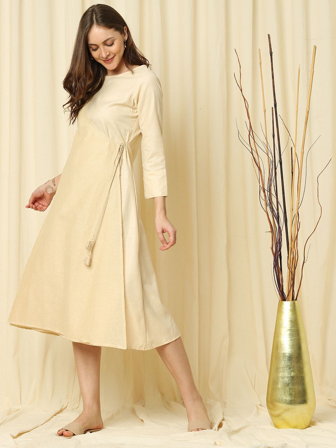 Indifusion Women Beige A-Line Tie-Up Chanderi Silk Kurta Price in India