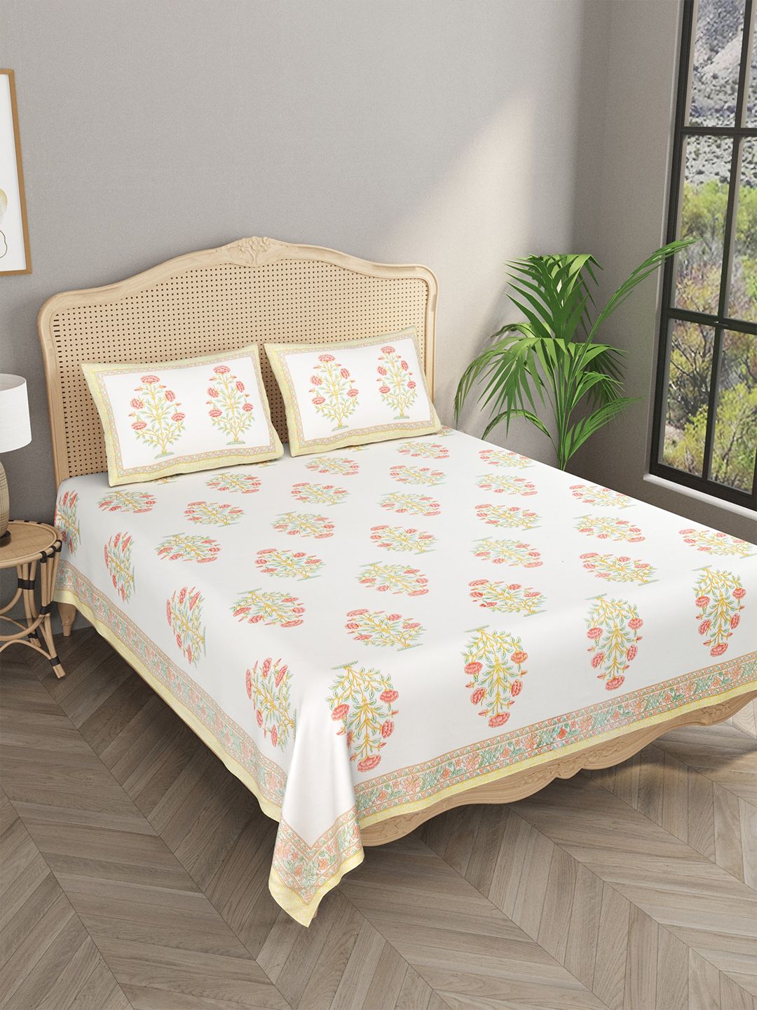 Gulaab Jaipur White & Green Floral 600 TC Egyptian Cotton King Bedsheet with 2 Pillow Covers Price in India