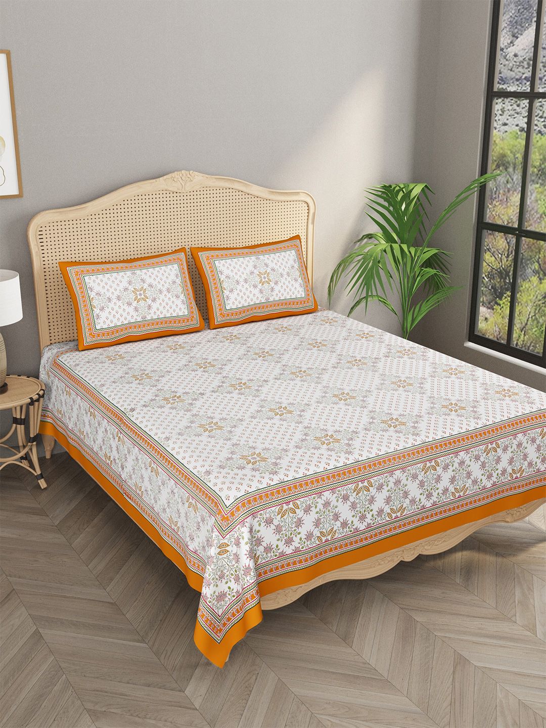 Gulaab Jaipur Orange & White Ethnic Motifs 400 TC King Bedsheet with 2 Pillow Covers Price in India