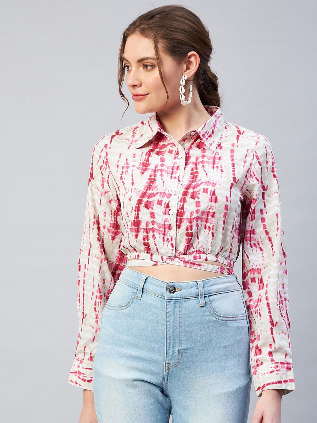 Marie Claire Pink Tie and Dye Crepe Shirt Style Crop Top Price in India