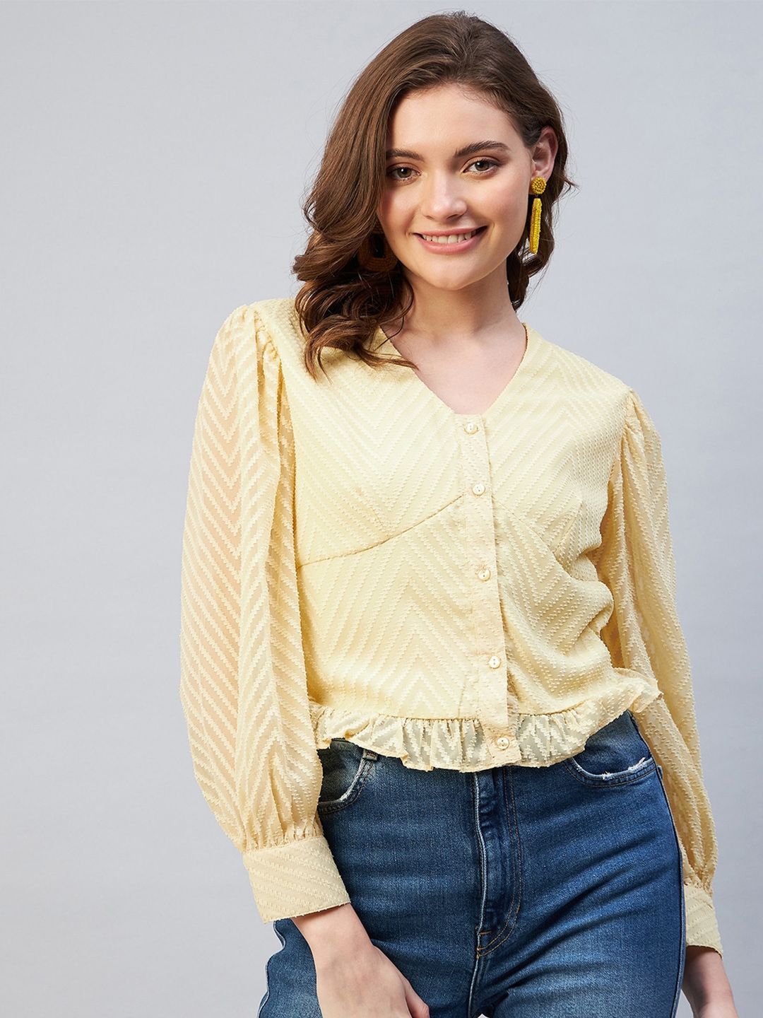 Marie Claire Women Yellow Ruffles Puff Sleeves Lace Top Price in India