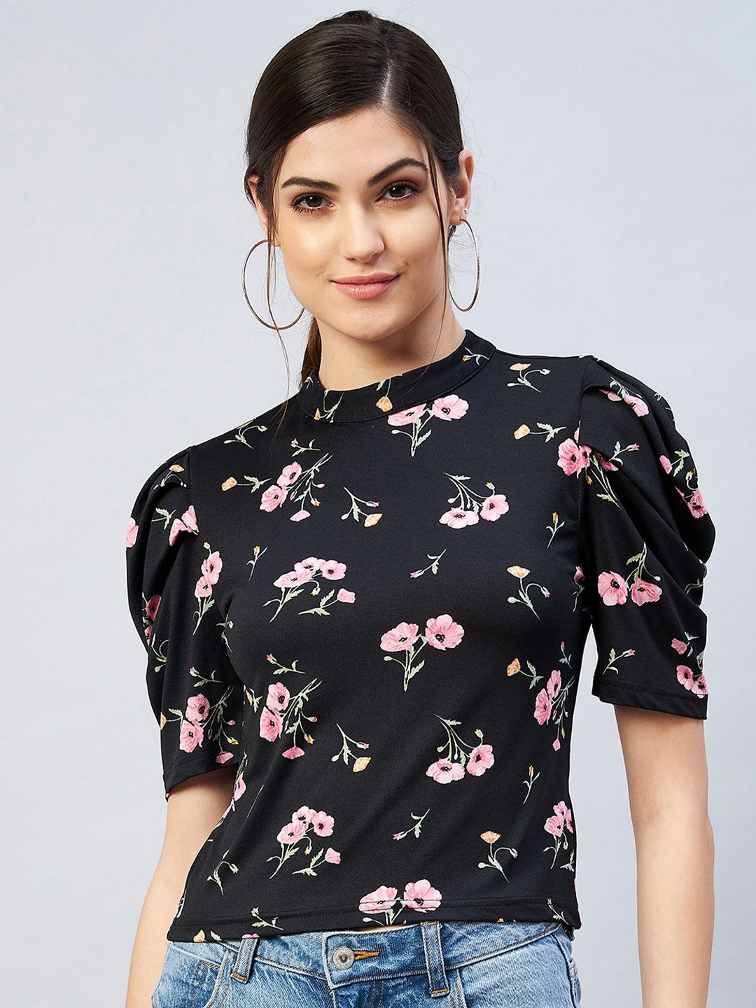 Marie Claire Black & Pink Floral Printed Styled Back Top Price in India