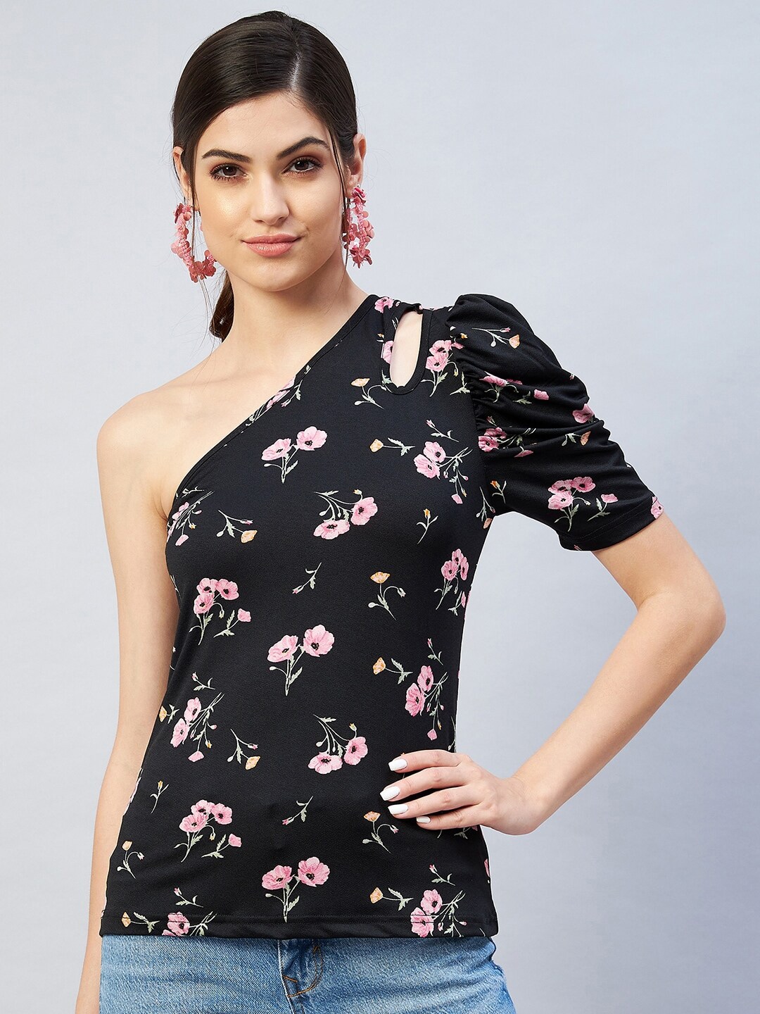 Marie Claire Black Floral Print One Shoulder Top Price in India