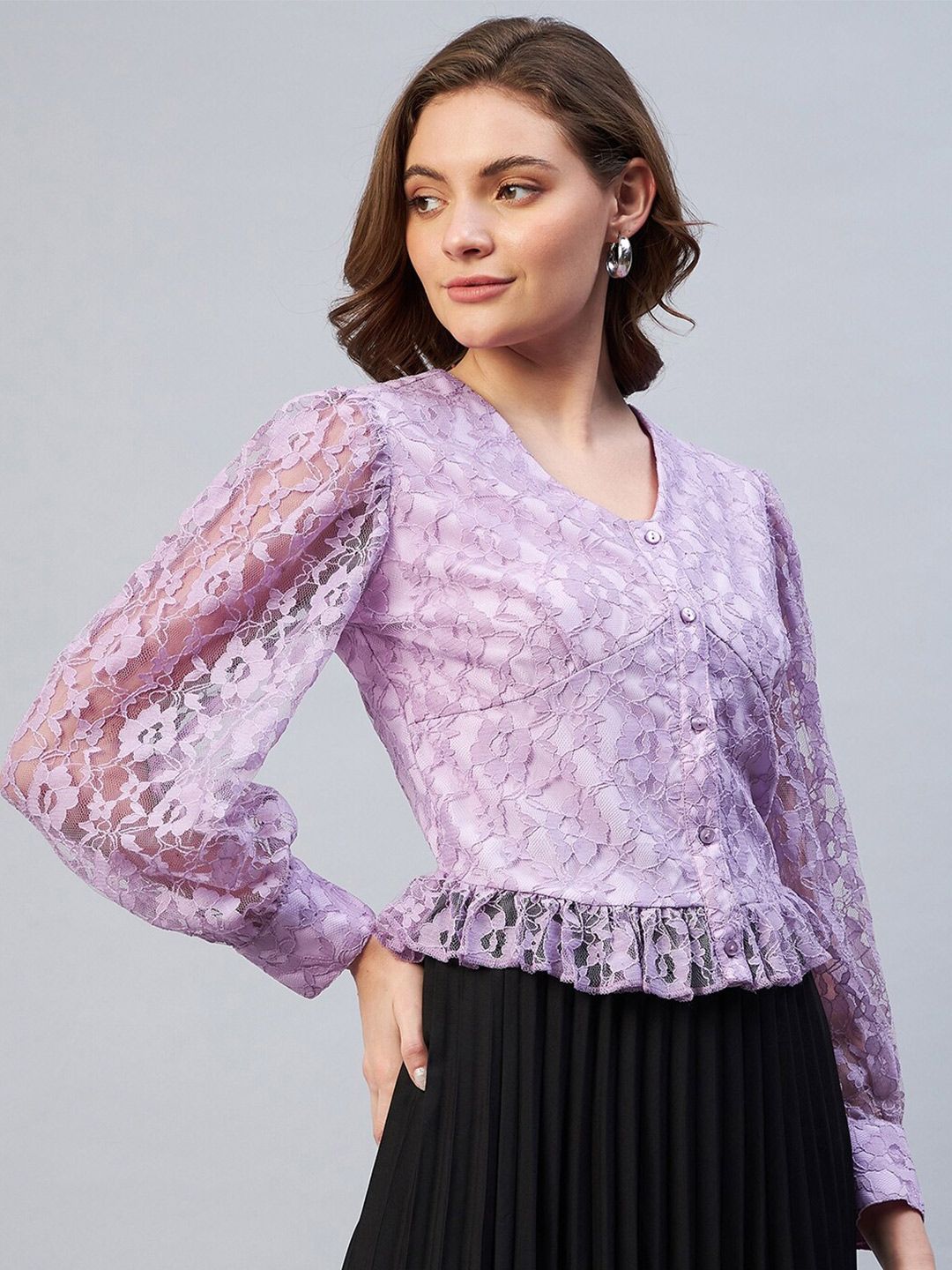 Marie Claire Purple Self Design Ruffles Lace Top Price in India
