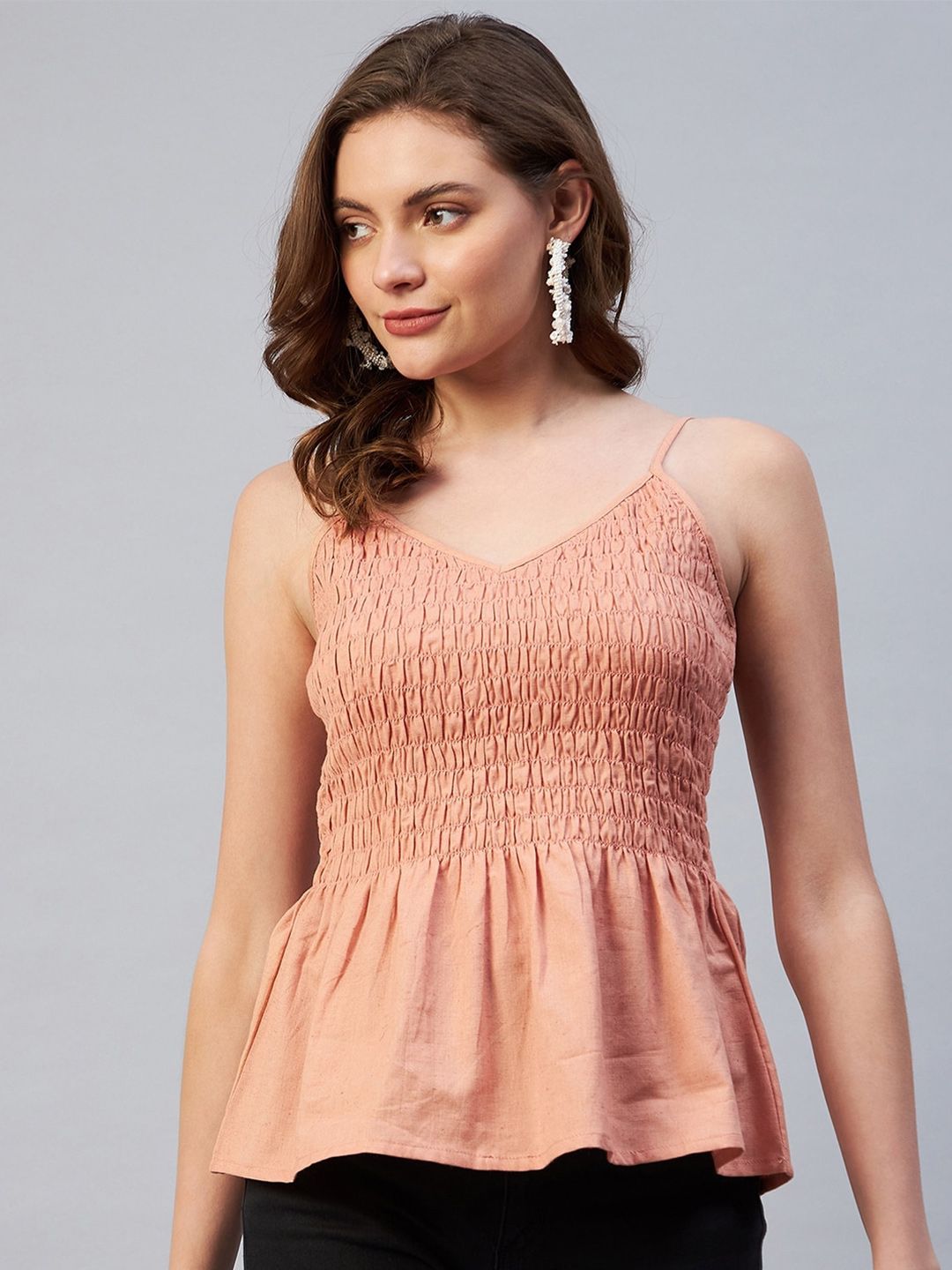 Marie Claire Women Peach-Colored Smocked Peplum Top Price in India