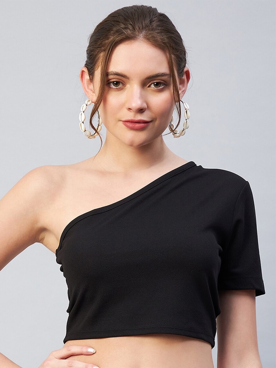 RARE Black One Shoulder Styled Back Crop Top Price in India