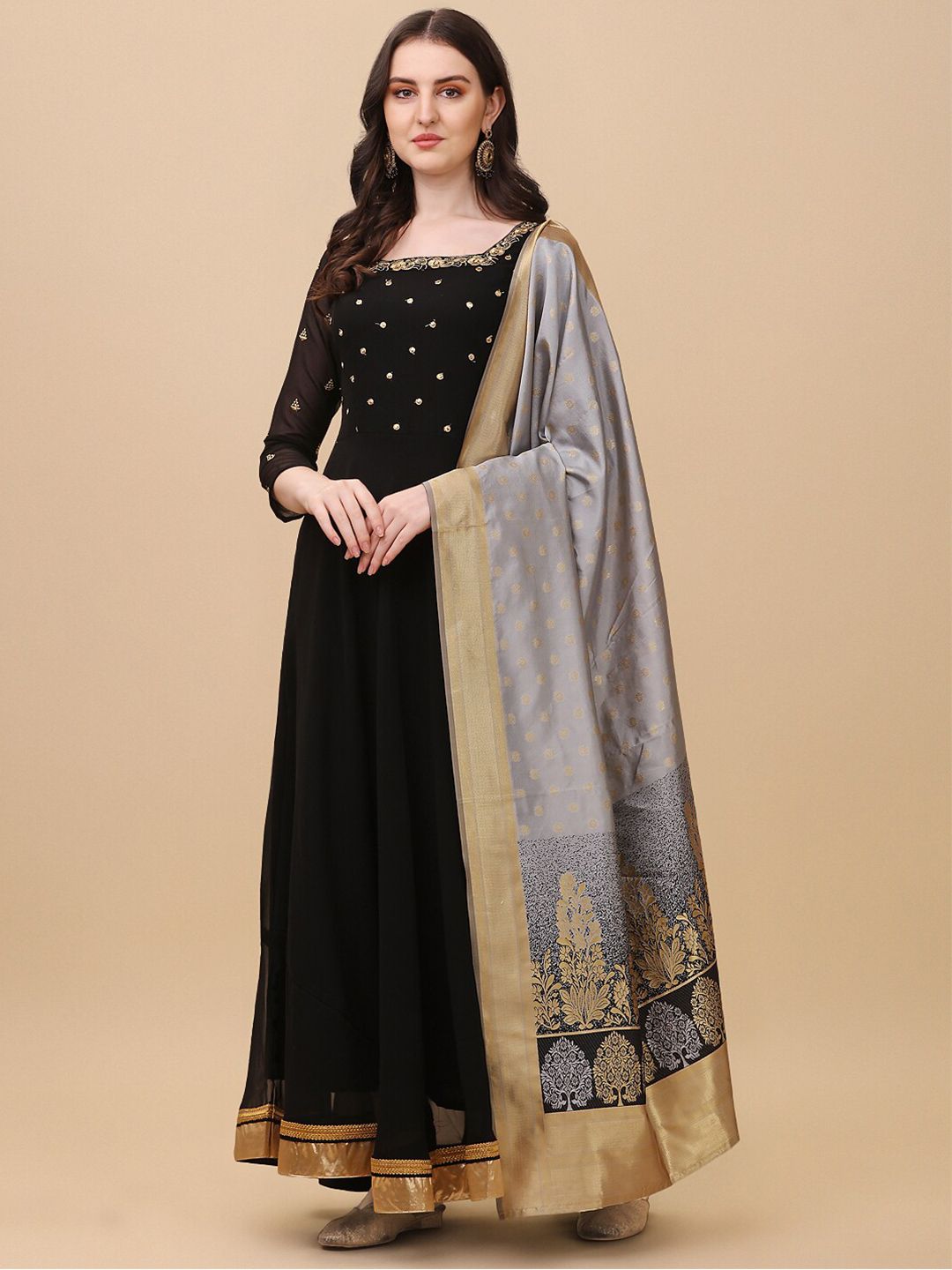 Vidraa Western Store Black Floral Georgette Ethnic Maxi Dress Price in India