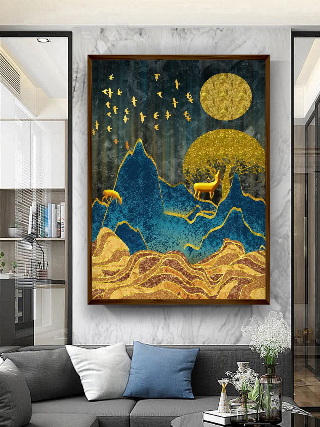 The Art House Blue & Mustard Abstract Painting Wall Art Price in India