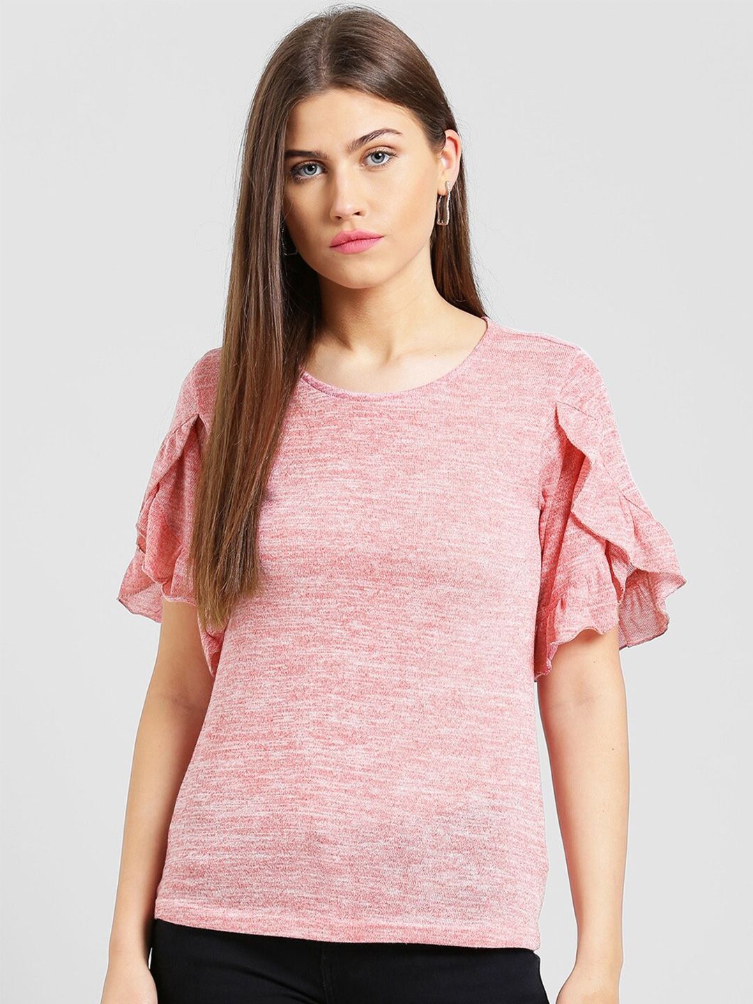 Be Indi Women Pink Solid Flutter Sleeves Top Price in India