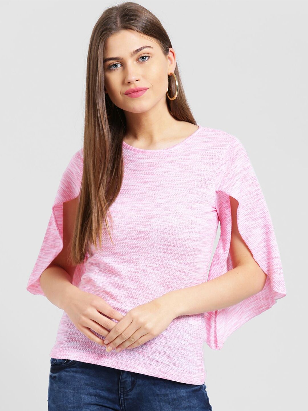 Be Indi Women Pink Self Design Slit Sleeves Top Price in India