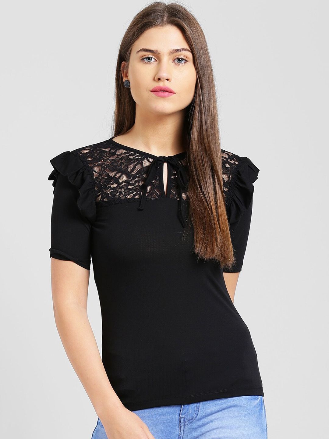 Be Indi Women Black Solid Tie-Up Neck Top Price in India