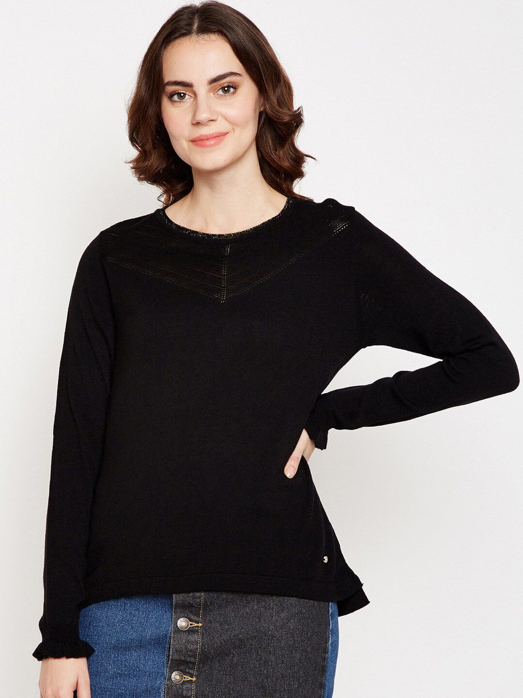 Be Indi Women Black Solid Round Neck Flat Knit Top Price in India