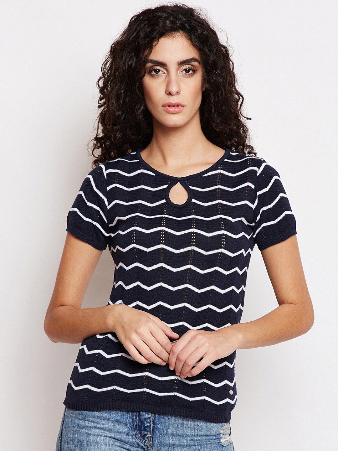 Be Indi Navy Blue & White Geometric Printed Top Price in India