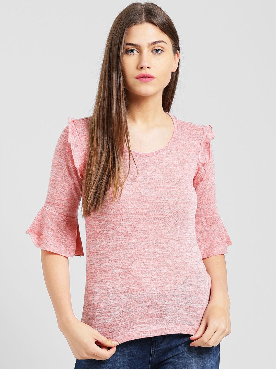 Be Indi Pink Solid Ruffles Top Price in India