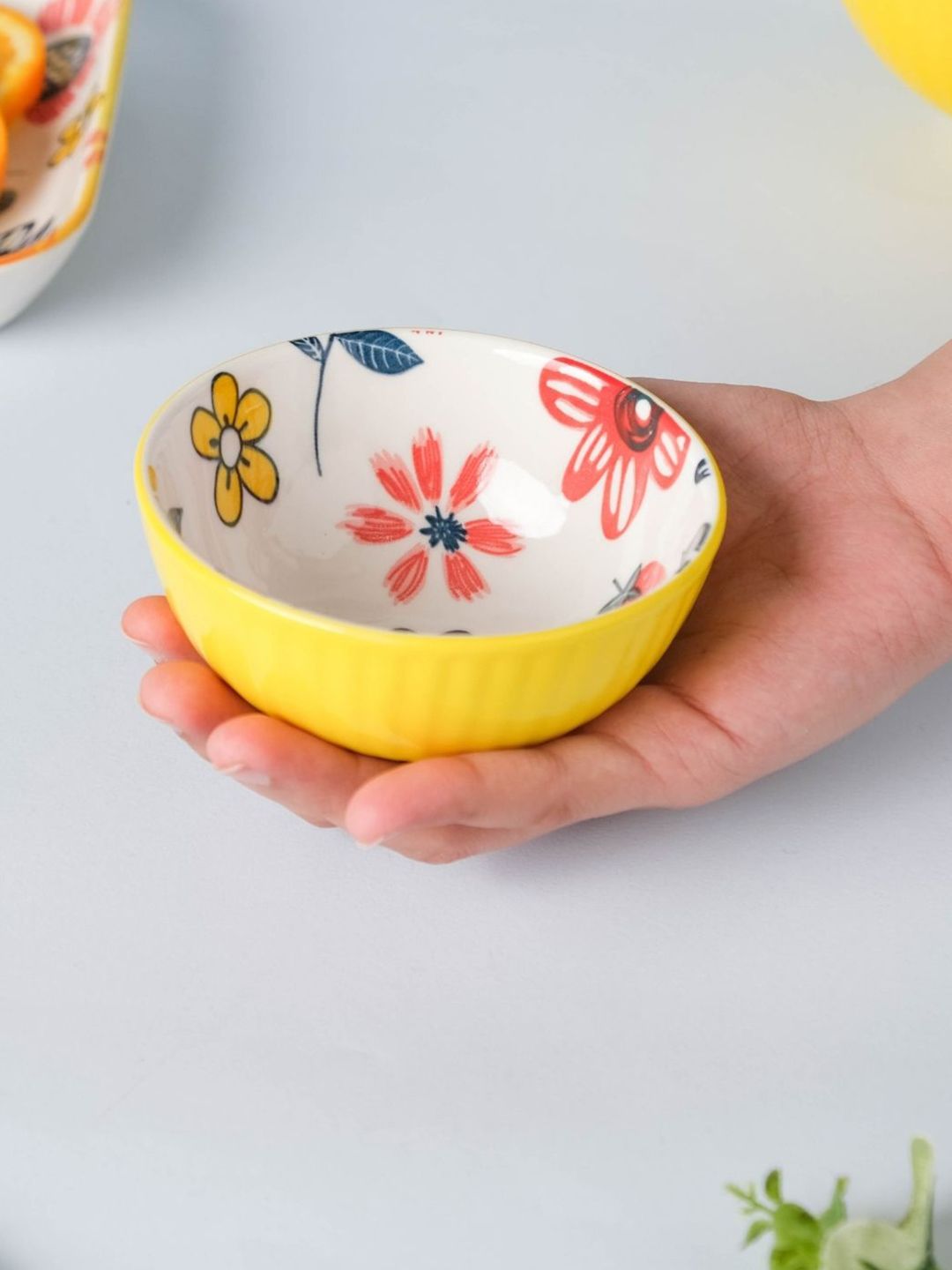 Nestasia Yellow & Off White Floral Printed Ceramic Small Snack Bowl Price in India