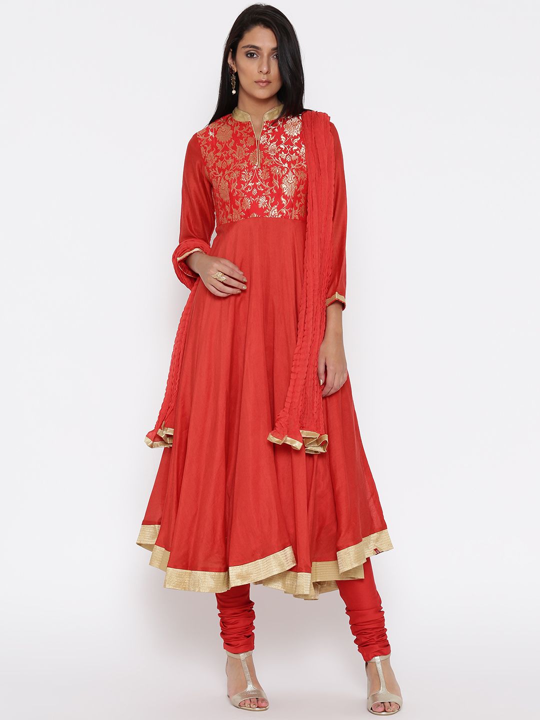 Biba Women Red Woven Design Anarkali Kurta with Churidar & Dupatta