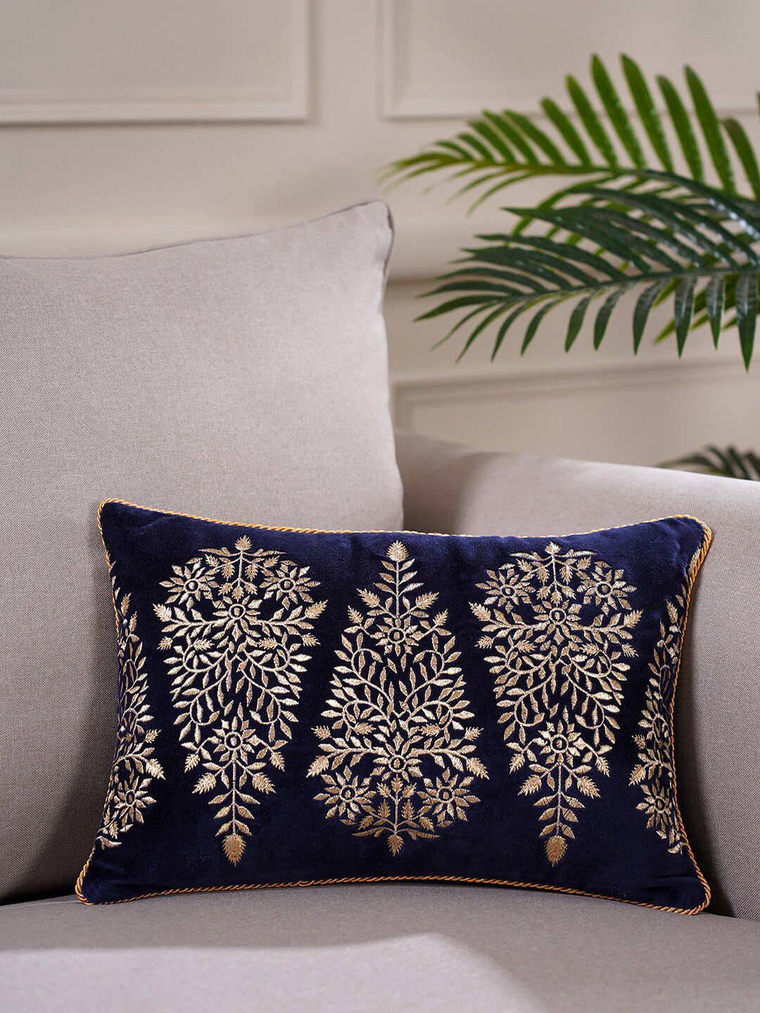 Pure Home and Living Blue & White Floral Embroidered Rectangle Cotton Cushion Cover Price in India