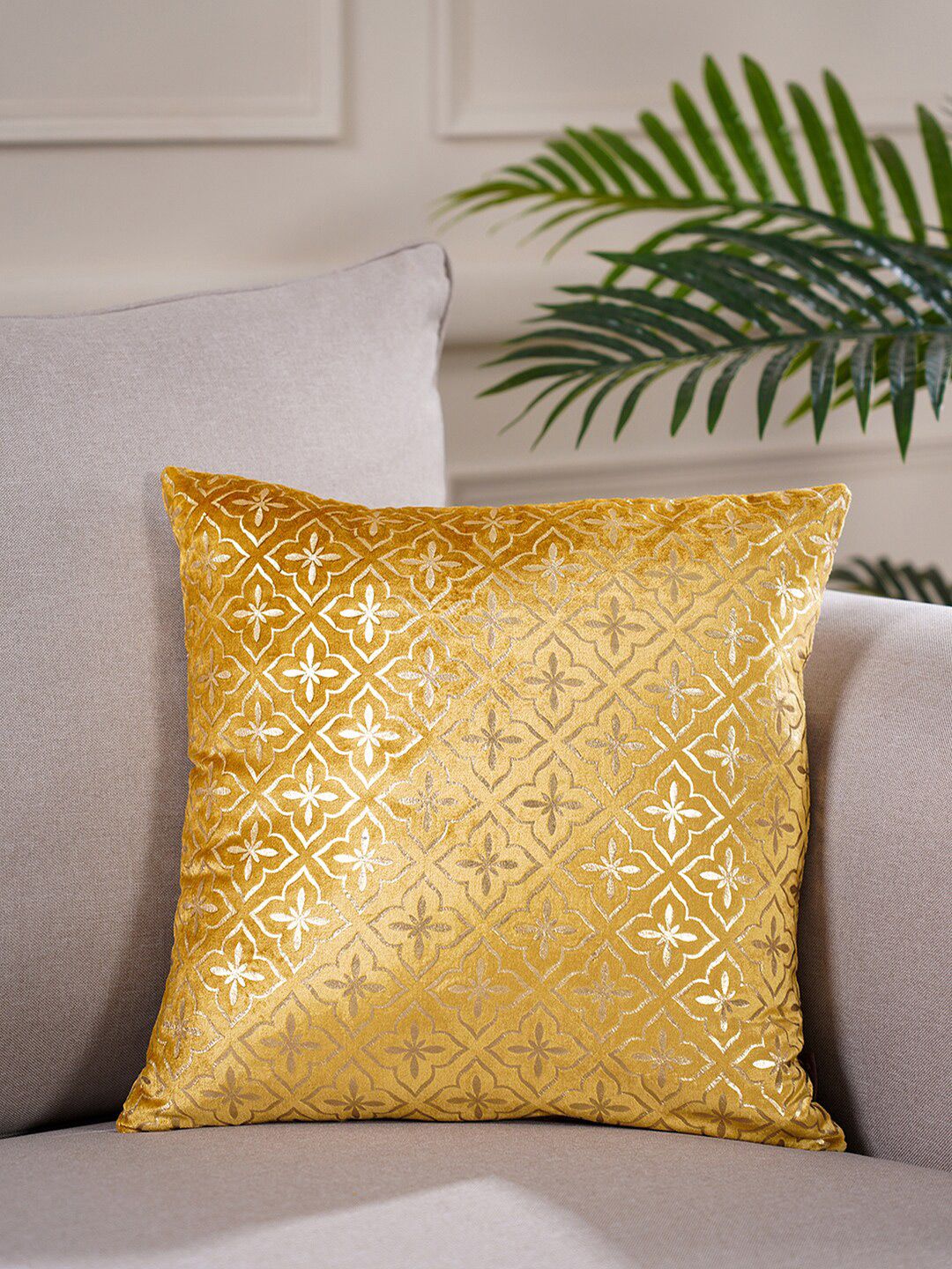 Pure Home and Living Gold & White Embroidered Cotton Square Cushion Cover Price in India