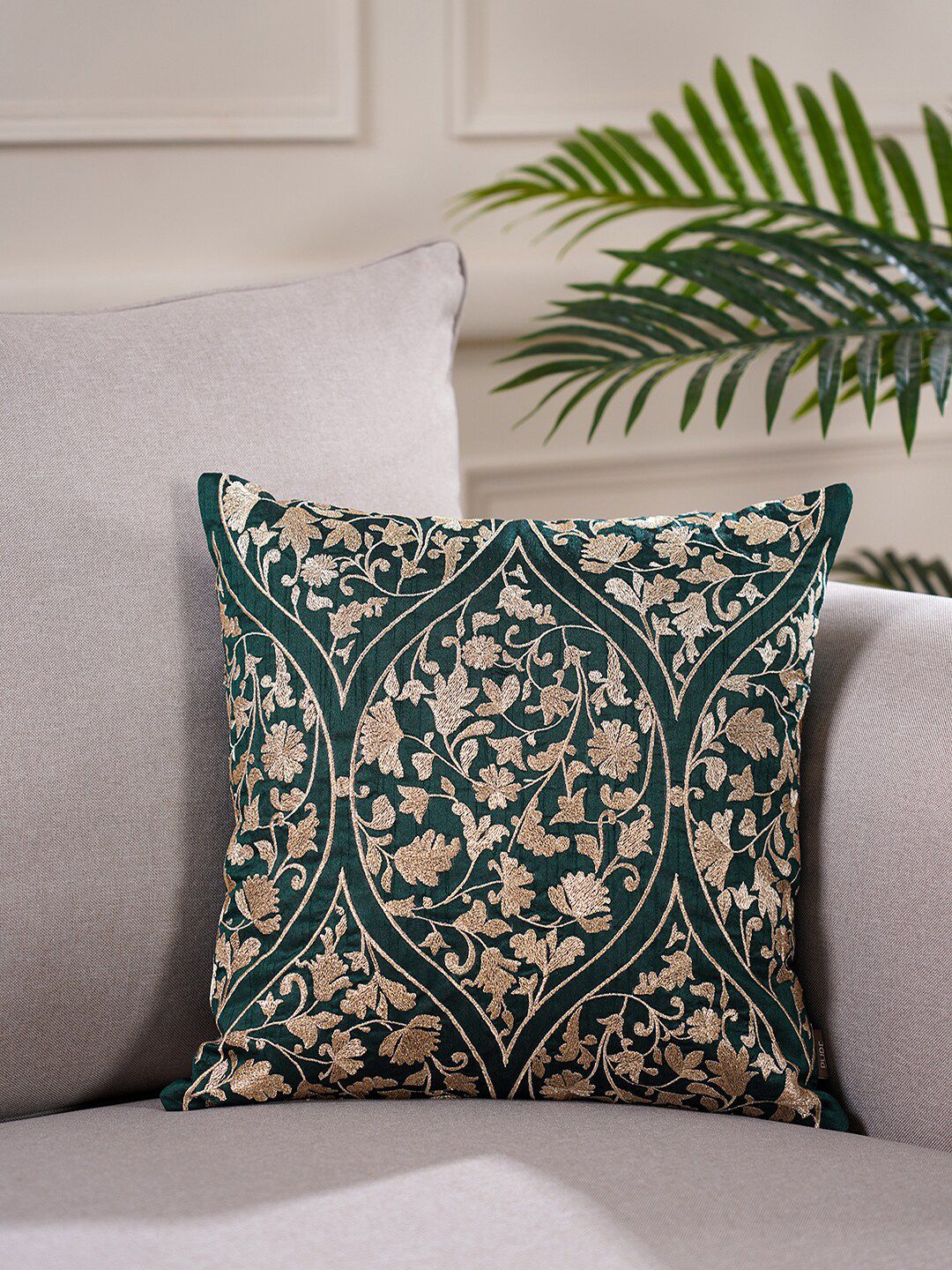 Pure Home and Living Green & Gold Floral Embroidered Square Cushion Cover Price in India