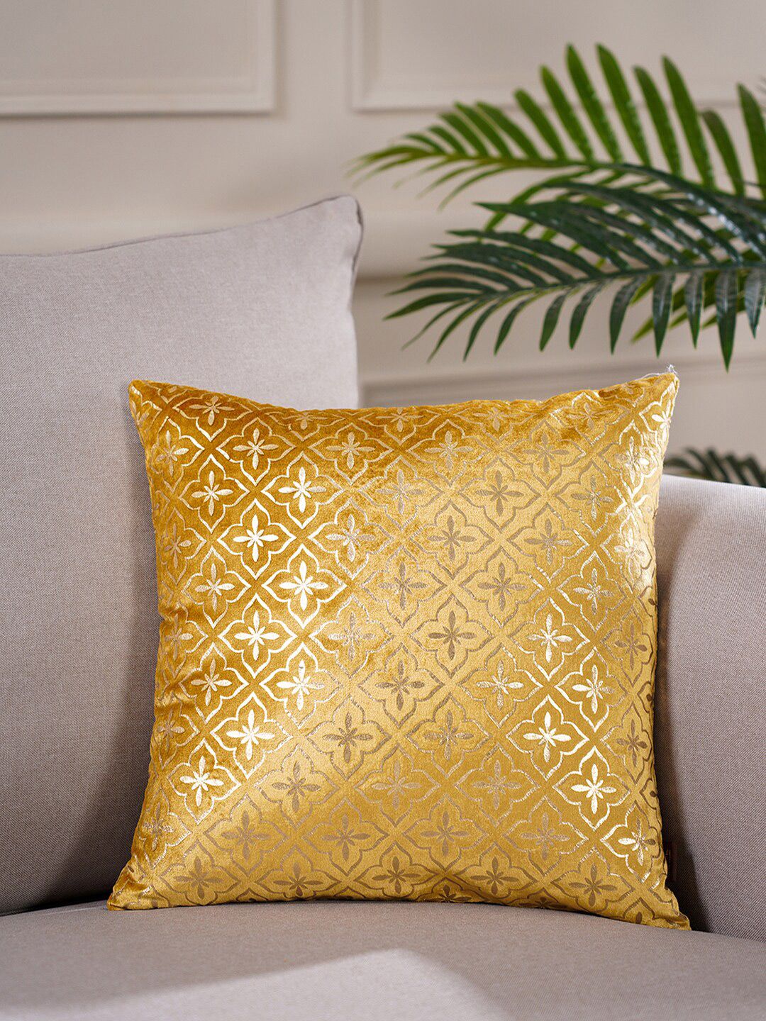 Pure Home and Living Gold & White Embroidered Velvet Square Cushion Cover Price in India