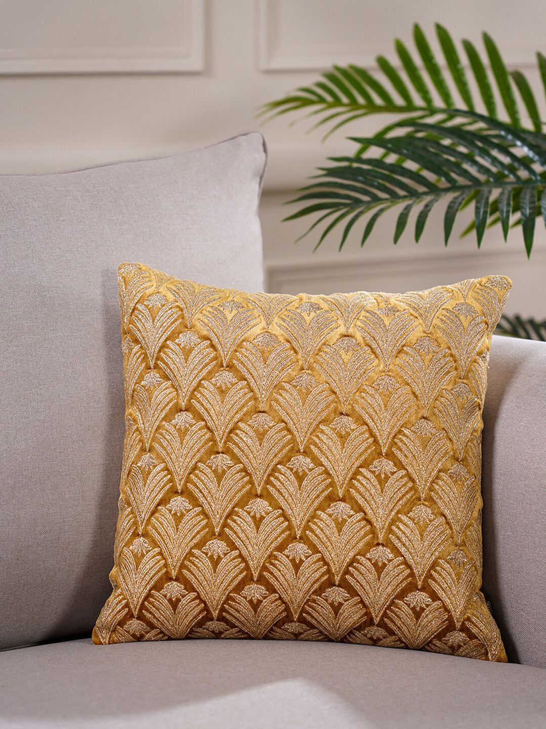 Pure Home and Living Gold & White Floral Embroidered Square Cushion Cover Price in India