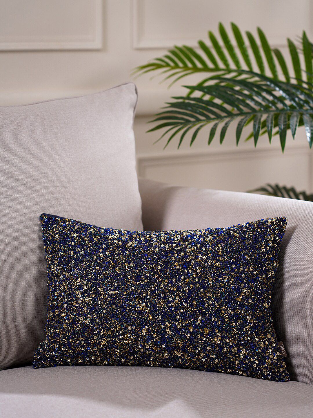 Pure Home and Living Blue & Gold Embellished Rectangle Cushion Cover Price in India