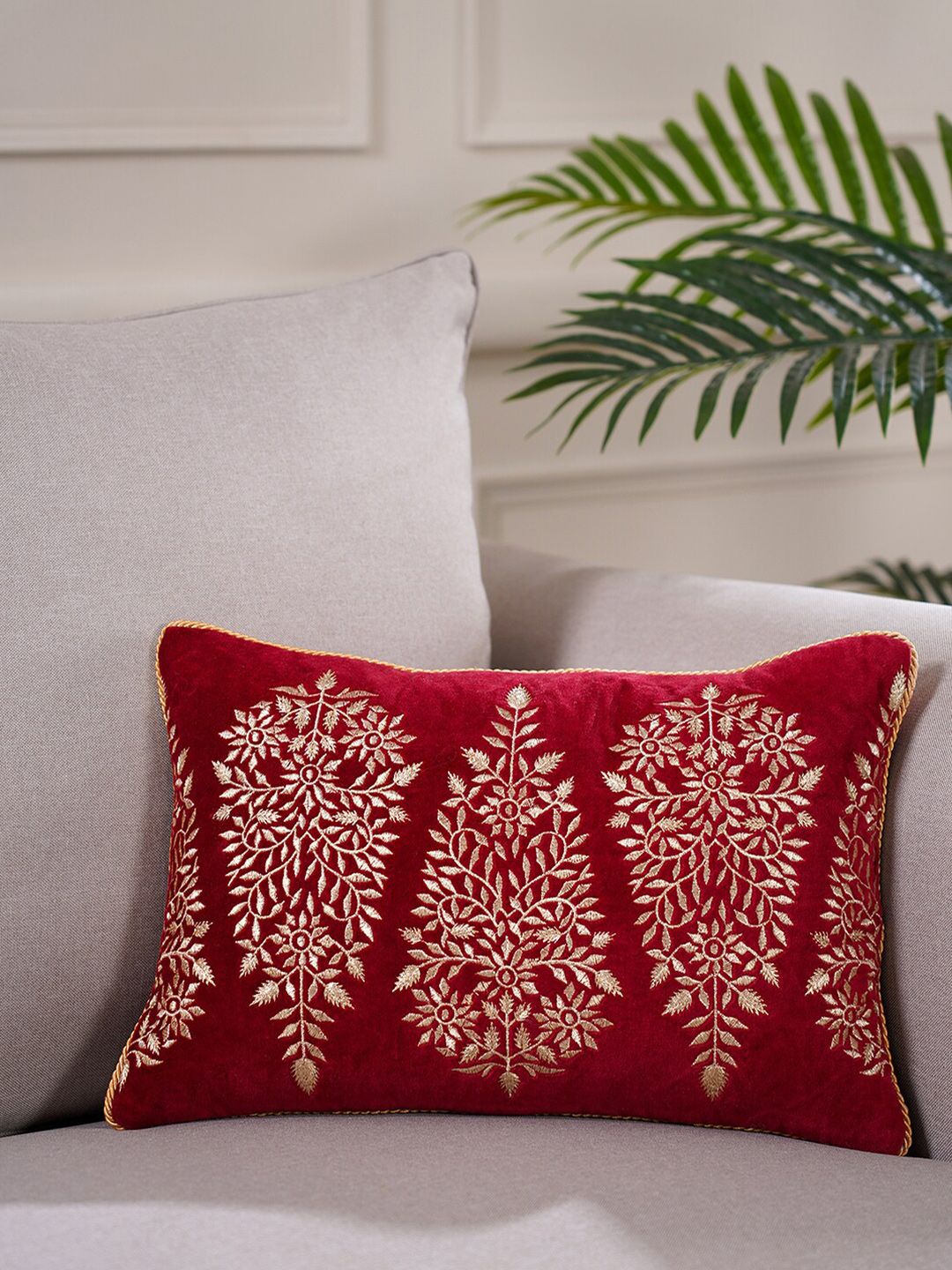 Pure Home and Living Red & White Floral Embroidered Rectangle Cushion Cover Price in India