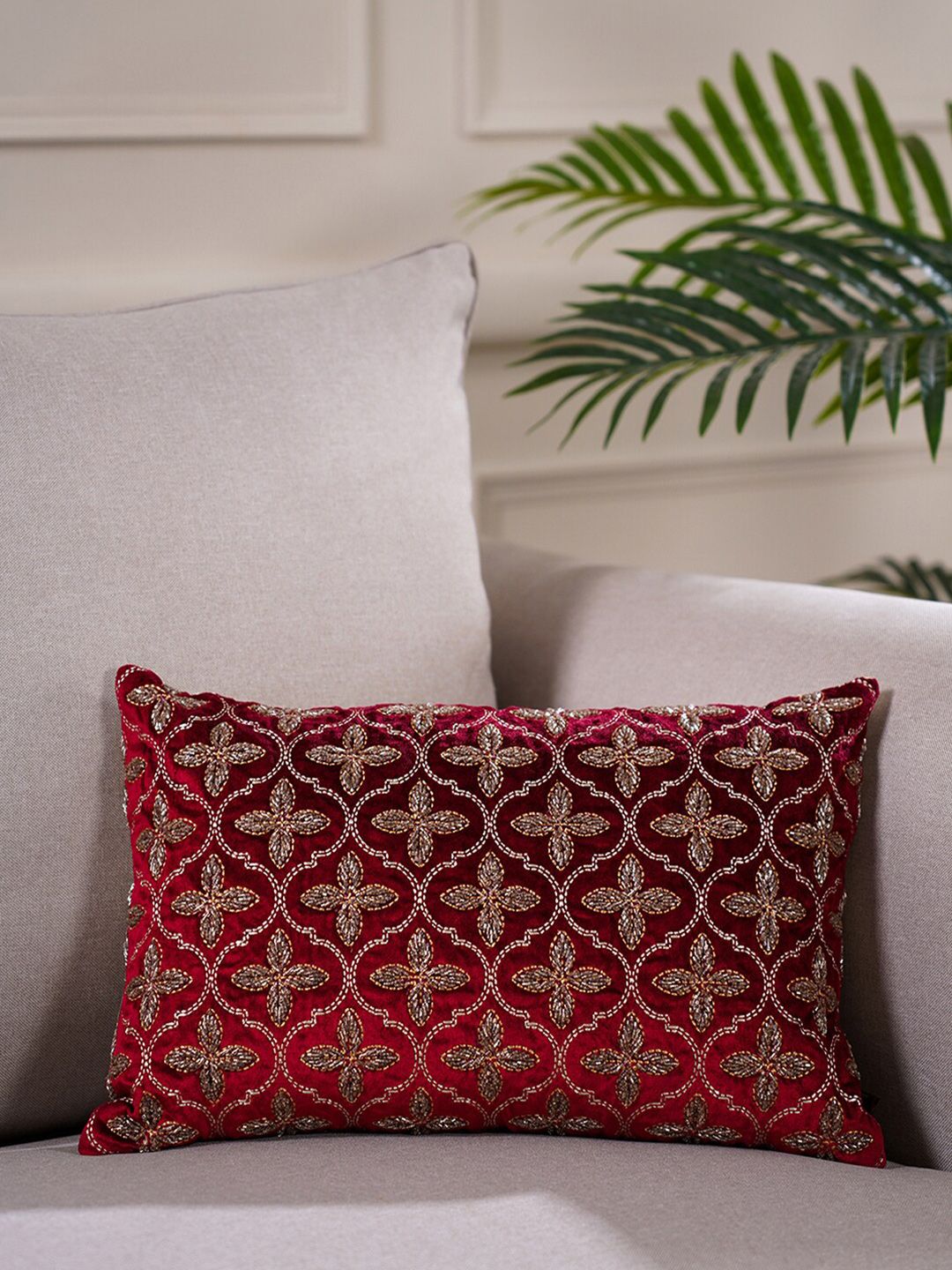 Pure Home and Living Red Embroidered Cotton Rectangle Cushion Cover Price in India
